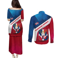 Dominican Republic Flag Couples Matching Puletasi and Long Sleeve Button Shirt with Map National Coat of Arms Island Silhouette - Wonder Print Shop