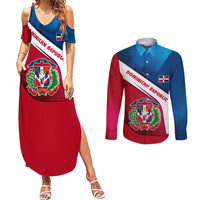 Dominican Republic Flag Couples Matching Summer Maxi Dress and Long Sleeve Button Shirt with Map National Coat of Arms Island Silhouette - Wonder Print Shop