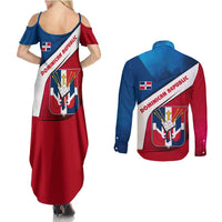 Dominican Republic Flag Couples Matching Summer Maxi Dress and Long Sleeve Button Shirt with Map National Coat of Arms Island Silhouette - Wonder Print Shop