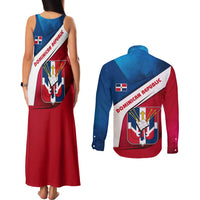 Dominican Republic Flag Couples Matching Tank Maxi Dress and Long Sleeve Button Shirt with Map National Coat of Arms Island Silhouette - Wonder Print Shop