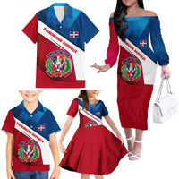 Dominican Republic Flag Family Matching Off The Shoulder Long Sleeve Dress and Hawaiian Shirt with Map National Coat of Arms Island Silhouette - Wonder Print Shop