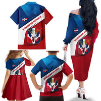 Dominican Republic Flag Family Matching Off The Shoulder Long Sleeve Dress and Hawaiian Shirt with Map National Coat of Arms Island Silhouette - Wonder Print Shop