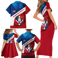 Dominican Republic Flag Family Matching Short Sleeve Bodycon Dress and Hawaiian Shirt with Map National Coat of Arms Island Silhouette - Wonder Print Shop