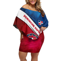 Dominican Republic Flag Off Shoulder Short Dress with Map National Coat of Arms Island Silhouette - Wonder Print Shop