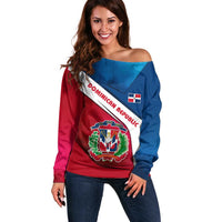 Dominican Republic Flag Off Shoulder Sweater with Map National Coat of Arms Island Silhouette - Wonder Print Shop