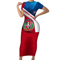 Dominican Republic Flag Short Sleeve Bodycon Dress with Map National Coat of Arms Island Silhouette - Wonder Print Shop