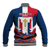 Dominican Republic Flag Baseball Jacket with Cross and Floral Design Red Blue Pattern - Wonder Print Shop