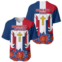 Dominican Republic Flag Baseball Jersey with Cross and Floral Design Red Blue Pattern - Wonder Print Shop