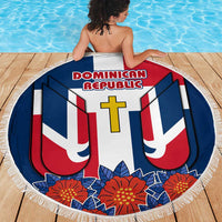 Dominican Republic Flag Beach Blanket with Cross and Floral Design Red Blue Pattern - Wonder Print Shop
