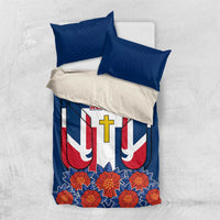 Dominican Republic Flag Bedding Set with Cross and Floral Design Red Blue Pattern - Wonder Print Shop