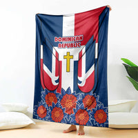 Dominican Republic Flag Blanket with Cross and Floral Design Red Blue Pattern - Wonder Print Shop