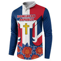 Dominican Republic Flag Button Sweatshirt with Cross and Floral Design Red Blue Pattern - Wonder Print Shop