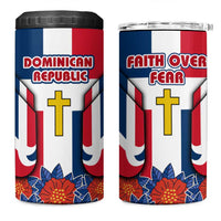 Dominican Republic Flag 4 in 1 Can Cooler Tumbler with Cross and Floral Design Red Blue Pattern - Wonder Print Shop