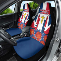 Dominican Republic Flag Car Seat Cover with Cross and Floral Design Red Blue Pattern - Wonder Print Shop