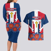 Dominican Republic Flag Couples Matching Long Sleeve Bodycon Dress and Hawaiian Shirt with Cross and Floral Design Red Blue Pattern - Wonder Print Shop