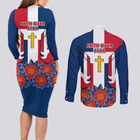 Dominican Republic Flag Couples Matching Long Sleeve Bodycon Dress and Long Sleeve Button Shirt with Cross and Floral Design Red Blue Pattern - Wonder Print Shop