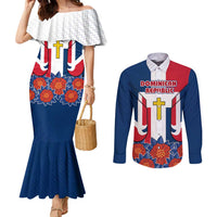 Dominican Republic Flag Couples Matching Mermaid Dress and Long Sleeve Button Shirt with Cross and Floral Design Red Blue Pattern - Wonder Print Shop