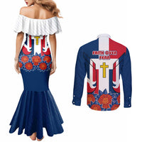 Dominican Republic Flag Couples Matching Mermaid Dress and Long Sleeve Button Shirt with Cross and Floral Design Red Blue Pattern - Wonder Print Shop