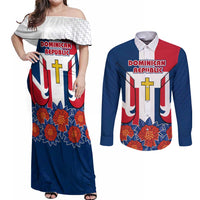 Dominican Republic Flag Couples Matching Off Shoulder Maxi Dress and Long Sleeve Button Shirt with Cross and Floral Design Red Blue Pattern - Wonder Print Shop