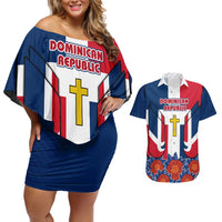 Dominican Republic Flag Couples Matching Off Shoulder Short Dress and Hawaiian Shirt with Cross and Floral Design Red Blue Pattern - Wonder Print Shop