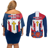 Dominican Republic Flag Couples Matching Off Shoulder Short Dress and Long Sleeve Button Shirt with Cross and Floral Design Red Blue Pattern - Wonder Print Shop