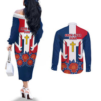 Dominican Republic Flag Couples Matching Off The Shoulder Long Sleeve Dress and Long Sleeve Button Shirt with Cross and Floral Design Red Blue Pattern - Wonder Print Shop