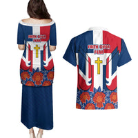 Dominican Republic Flag Couples Matching Puletasi and Hawaiian Shirt with Cross and Floral Design Red Blue Pattern - Wonder Print Shop