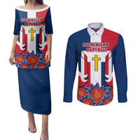 Dominican Republic Flag Couples Matching Puletasi and Long Sleeve Button Shirt with Cross and Floral Design Red Blue Pattern - Wonder Print Shop