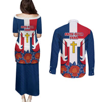 Dominican Republic Flag Couples Matching Puletasi and Long Sleeve Button Shirt with Cross and Floral Design Red Blue Pattern - Wonder Print Shop