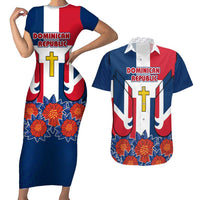 Dominican Republic Flag Couples Matching Short Sleeve Bodycon Dress and Hawaiian Shirt with Cross and Floral Design Red Blue Pattern - Wonder Print Shop