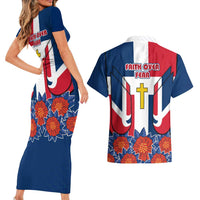 Dominican Republic Flag Couples Matching Short Sleeve Bodycon Dress and Hawaiian Shirt with Cross and Floral Design Red Blue Pattern - Wonder Print Shop