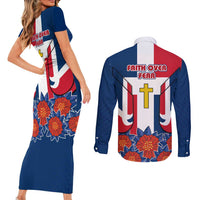 Dominican Republic Flag Couples Matching Short Sleeve Bodycon Dress and Long Sleeve Button Shirt with Cross and Floral Design Red Blue Pattern - Wonder Print Shop