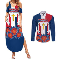 Dominican Republic Flag Couples Matching Summer Maxi Dress and Long Sleeve Button Shirt with Cross and Floral Design Red Blue Pattern - Wonder Print Shop
