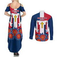 Dominican Republic Flag Couples Matching Summer Maxi Dress and Long Sleeve Button Shirt with Cross and Floral Design Red Blue Pattern - Wonder Print Shop