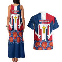 Dominican Republic Flag Couples Matching Tank Maxi Dress and Hawaiian Shirt with Cross and Floral Design Red Blue Pattern - Wonder Print Shop