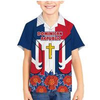Dominican Republic Flag Family Matching Mermaid Dress and Hawaiian Shirt with Cross and Floral Design Red Blue Pattern - Wonder Print Shop