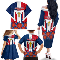 Dominican Republic Flag Family Matching Off The Shoulder Long Sleeve Dress and Hawaiian Shirt with Cross and Floral Design Red Blue Pattern - Wonder Print Shop