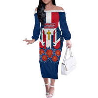 Dominican Republic Flag Family Matching Off The Shoulder Long Sleeve Dress and Hawaiian Shirt with Cross and Floral Design Red Blue Pattern - Wonder Print Shop