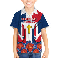 Dominican Republic Flag Family Matching Off The Shoulder Long Sleeve Dress and Hawaiian Shirt with Cross and Floral Design Red Blue Pattern - Wonder Print Shop