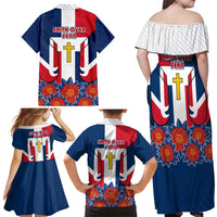 Dominican Republic Flag Family Matching Off Shoulder Maxi Dress and Hawaiian Shirt with Cross and Floral Design Red Blue Pattern - Wonder Print Shop