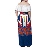 Dominican Republic Flag Family Matching Off Shoulder Maxi Dress and Hawaiian Shirt with Cross and Floral Design Red Blue Pattern - Wonder Print Shop