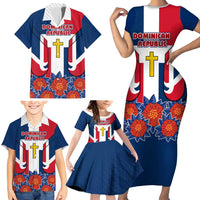Dominican Republic Flag Family Matching Short Sleeve Bodycon Dress and Hawaiian Shirt with Cross and Floral Design Red Blue Pattern - Wonder Print Shop