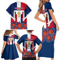 Dominican Republic Flag Family Matching Short Sleeve Bodycon Dress and Hawaiian Shirt with Cross and Floral Design Red Blue Pattern - Wonder Print Shop