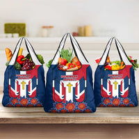 Dominican Republic Flag Grocery Bag with Cross and Floral Design Red Blue Pattern - Wonder Print Shop