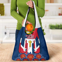 Dominican Republic Flag Grocery Bag with Cross and Floral Design Red Blue Pattern - Wonder Print Shop