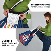 Dominican Republic Flag Grocery Bag with Cross and Floral Design Red Blue Pattern - Wonder Print Shop