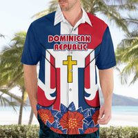 Dominican Republic Flag Hawaiian Shirt with Cross and Floral Design Red Blue Pattern - Wonder Print Shop