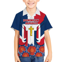 Dominican Republic Flag Hawaiian Shirt with Cross and Floral Design Red Blue Pattern - Wonder Print Shop