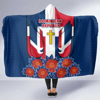 Dominican Republic Flag Hooded Blanket with Cross and Floral Design Red Blue Pattern - Wonder Print Shop