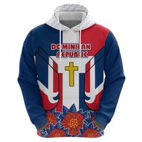 Dominican Republic Flag Hoodie with Cross and Floral Design Red Blue Pattern - Wonder Print Shop